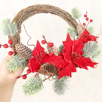 

Christmas Flannel Wreath Home Red Berry Rattan Pendant Christmas Decoration Door Hanging With Pinecones And Needles