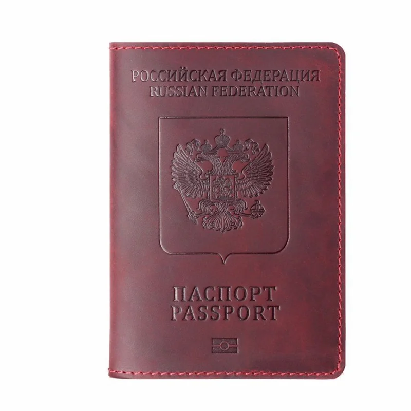 New Genuine Crazy Horse Leather Passport Cover Solid Credit ID Card Case Holder Business Unisex Travel Wallet Case for Russia