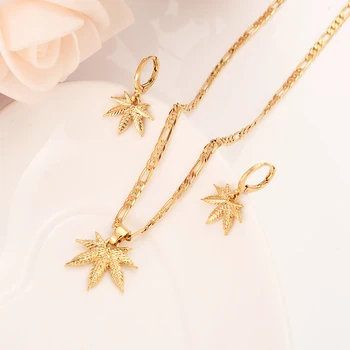 

gold pendant Necklace Earring Set Party Gift Cannabiss Weed Marijuana hemp Leaf charms women girls bridal wedding Jewelry gift