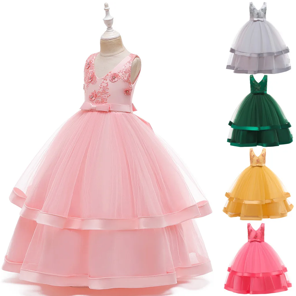 Летнее милое платье принцессы без рукавов с цветочным узором для девочек; Детские вечерние, красивые, нарядные, элегантные платья; торжественное платье подружки невесты для девочек