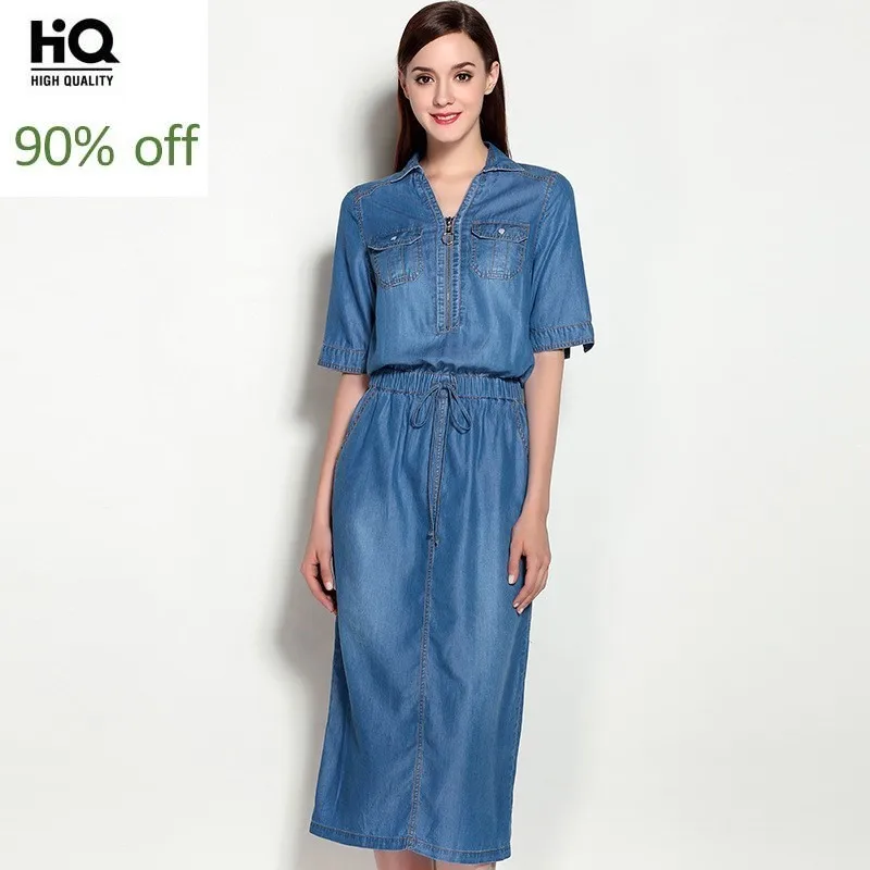 

2020 New Luxury V-Neck Half Sleeve Denim Dress Women Vintage Slim Fit Summer Dress Top Quality Blue Dress Female Zipper Vestir