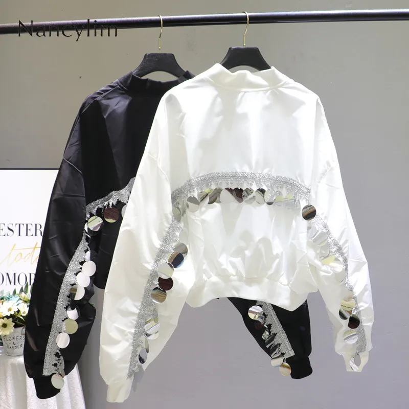 

Oversize Baseball Coat Jacket Girl Lady Spring Fall New Sparkles Big Sequins Tassel Bat Sleeve Loose Jacket Women Jackets Women