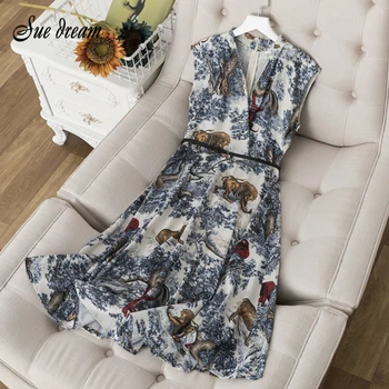 

Summer 2020 New Women'S Fashion Sleeveless V-Neck Belt Printed Midi Dress Bodycon Club Party Runway Dress Vestidos