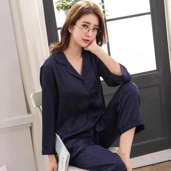 

Pajamas women's summer, spring and autumn long-sleeved two-piece silk thin lapel cardigan Korean casual home wear pajamas