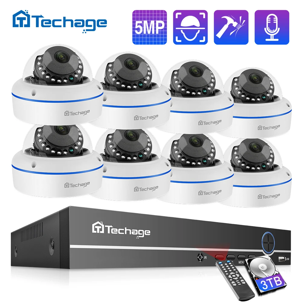 Система видеонаблюдения Techage H.265 8 каналов 5 Мп POE NVR антивандальная комнатная