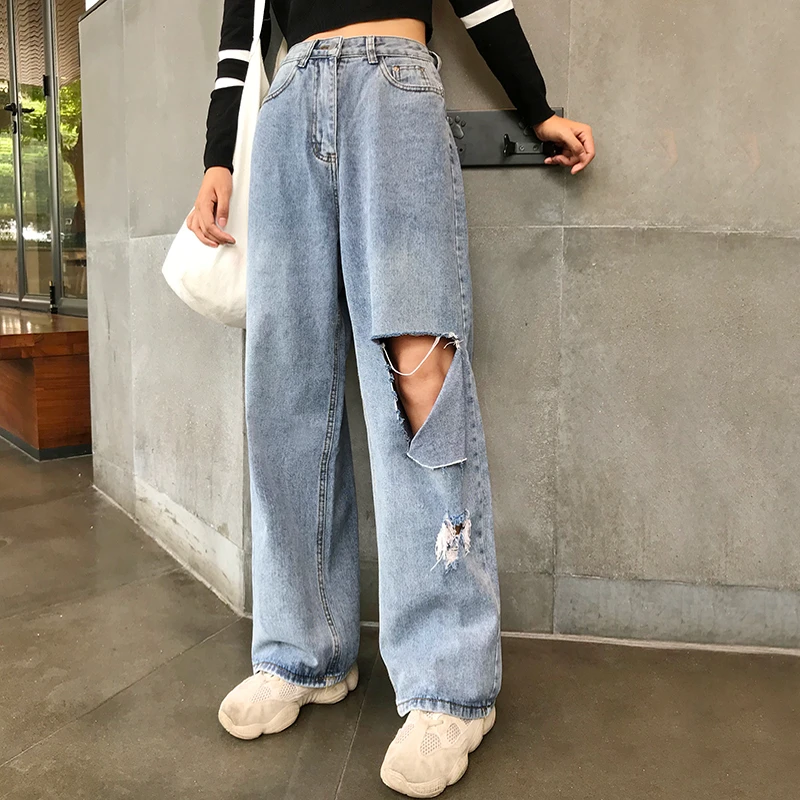 Woman Jeans High Waist Ripped big size 2021 Clothes Wide Leg Denim hole Blue Streetwear Fashion Vintage loose Pants KZ169 |