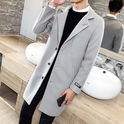 Light Grey Осенне-зимняя обувь однотонная ветровка Новая мужская шерстяное пальто 5XL Большие размеры slim fit Модные мил средне-длинная куртка - Цвет: Light Grey