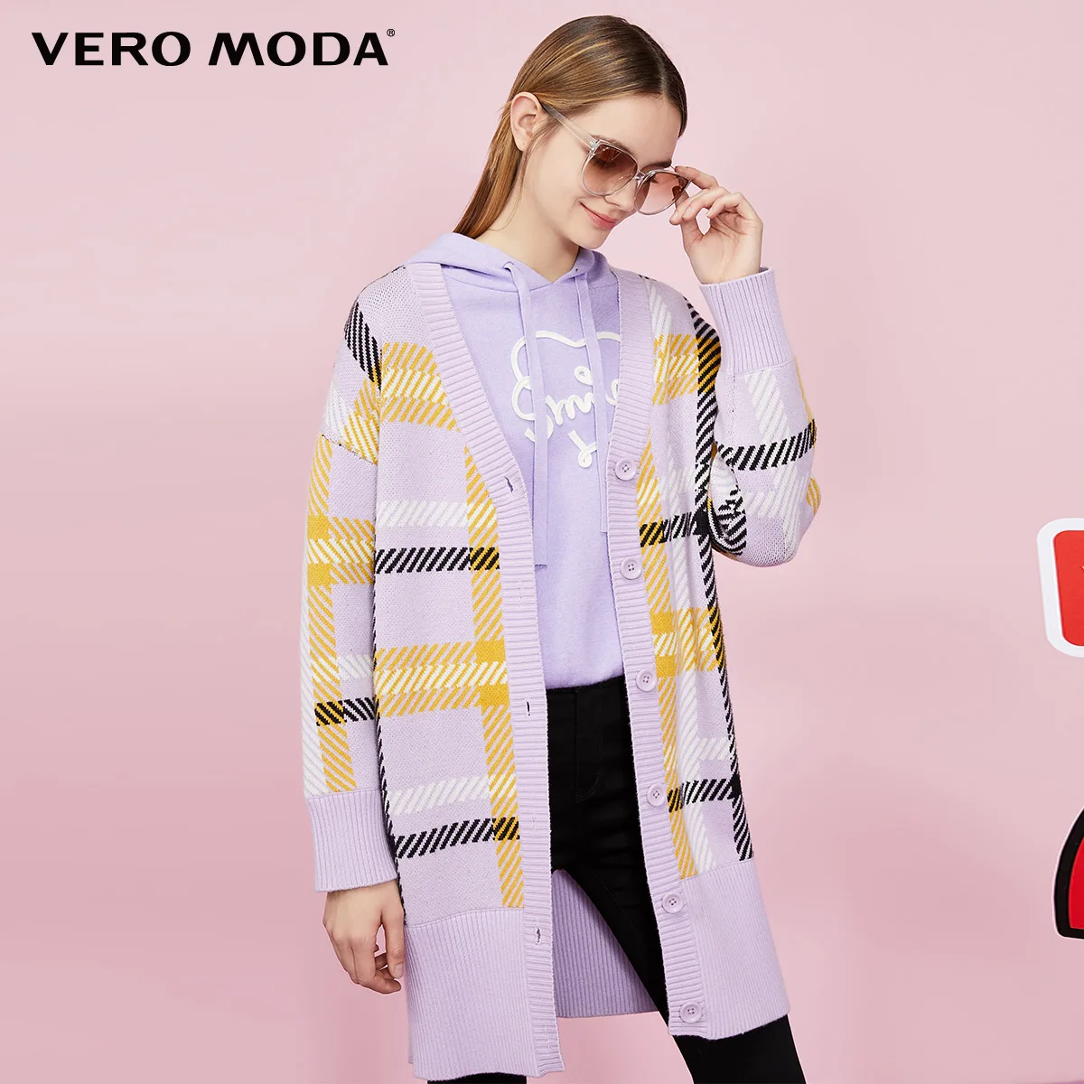 Vero Moda клетчатый однобортный вязаный кардиган средней длины с v-образным вырезом и открытыми плечами | 319325501 - Color: Lavender frost