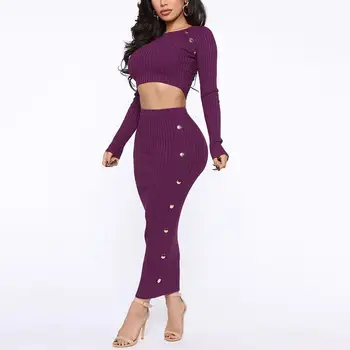 

2Pcs Sexy Women Solid Color Long Sleeve Short Crop Top Sweater Button Knit Skirt Female Tracksuit Sexy Long Sleeve Top Skirt