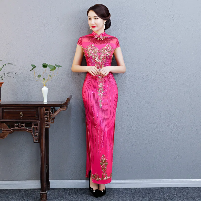 Сексуальное прозрачное кружевное китайское женское Qipao Новинка шикарные блестки Cheongsam благородное вечернее платье изысканное цветочное