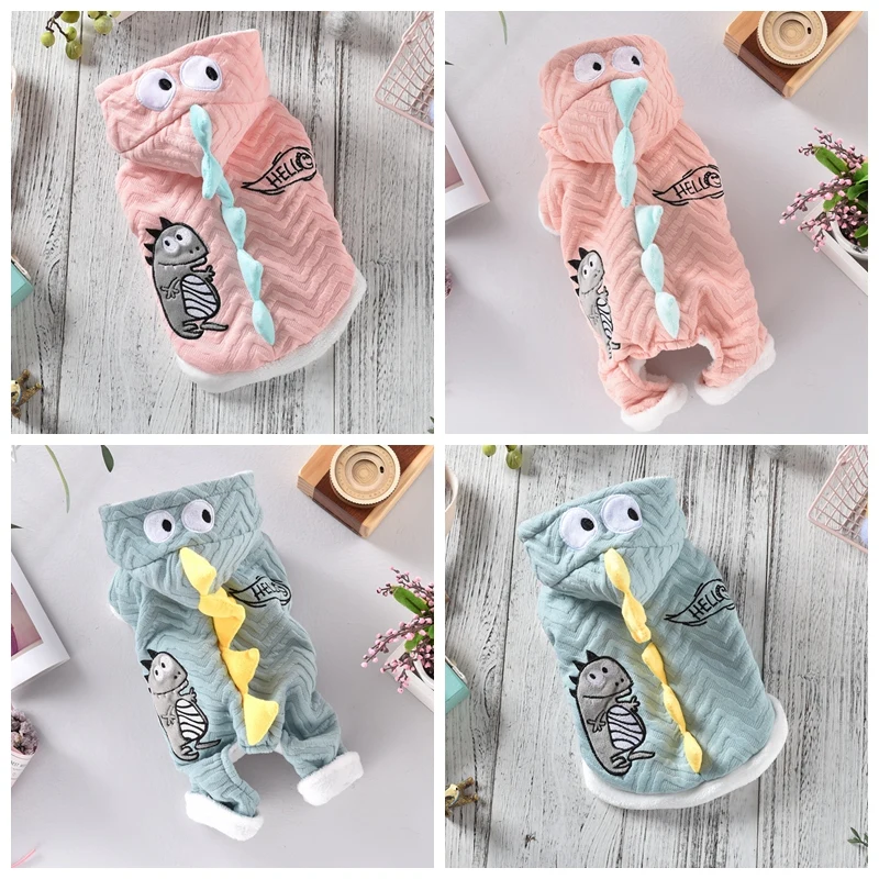 Куртка с капюшоном для милых собак одежда мехом Динозаврик XS XXL зеленый розовый
