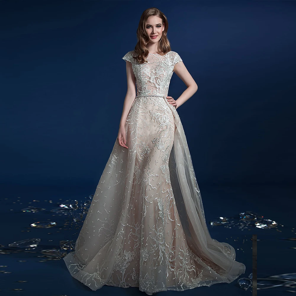 

2020 Mermaid Wedding Dresses With Removable Train Vestido De Noiva Sereia Cap Sleeve Sexy Backless Beading Crystal Lace Gowns