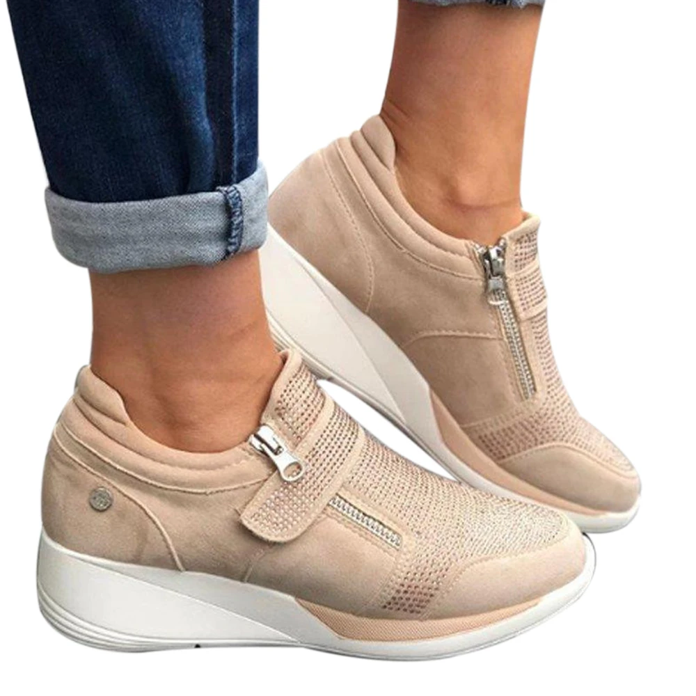

Women's Vulcanize Shoes Hook Loop Shallow Sneakers Mid Heel Wedges Female Breathable Comfort Casual Shoes 2919 New