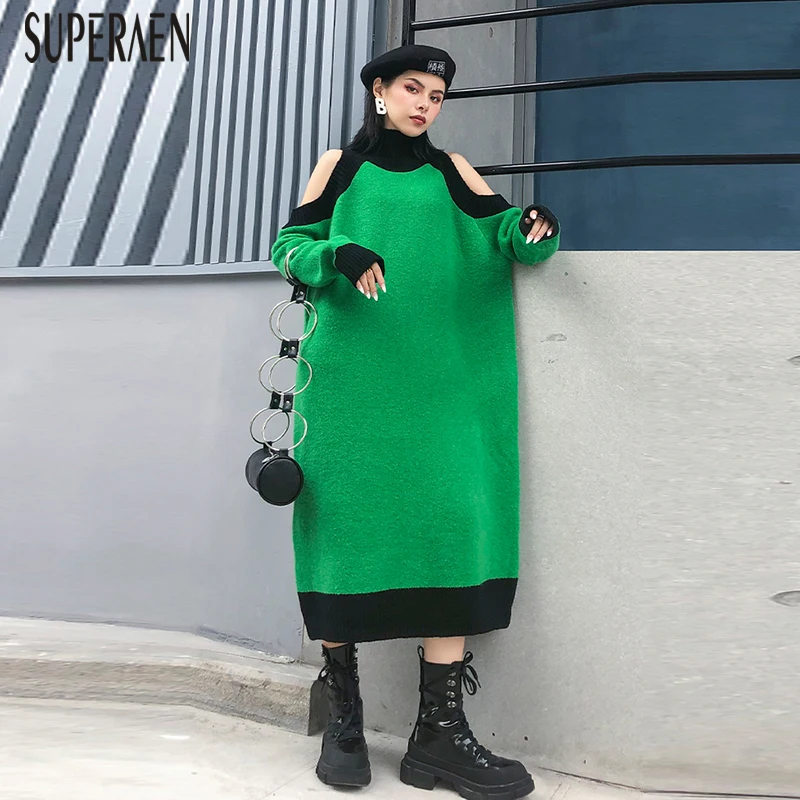 SuperAen, Европейское вязаное платье для женщин, осень и зима, новинка, дикое повседневное женское платье, плюс размер, с открытыми плечами, женская одежда