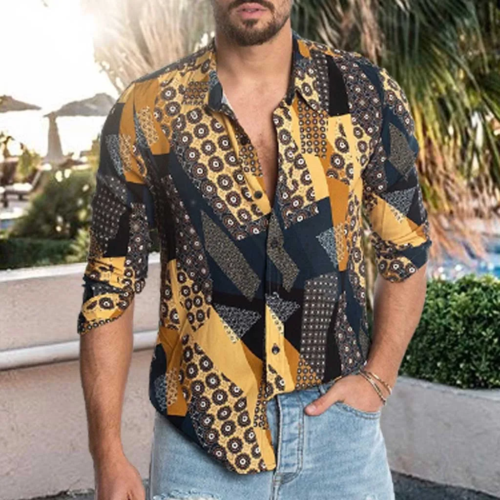 

Summer Men Hawaiian Print long Blouse Sports Beach Quick Dry Blouse Top Blouse Turn-down Collar Short Casual Shirts Daily Tops