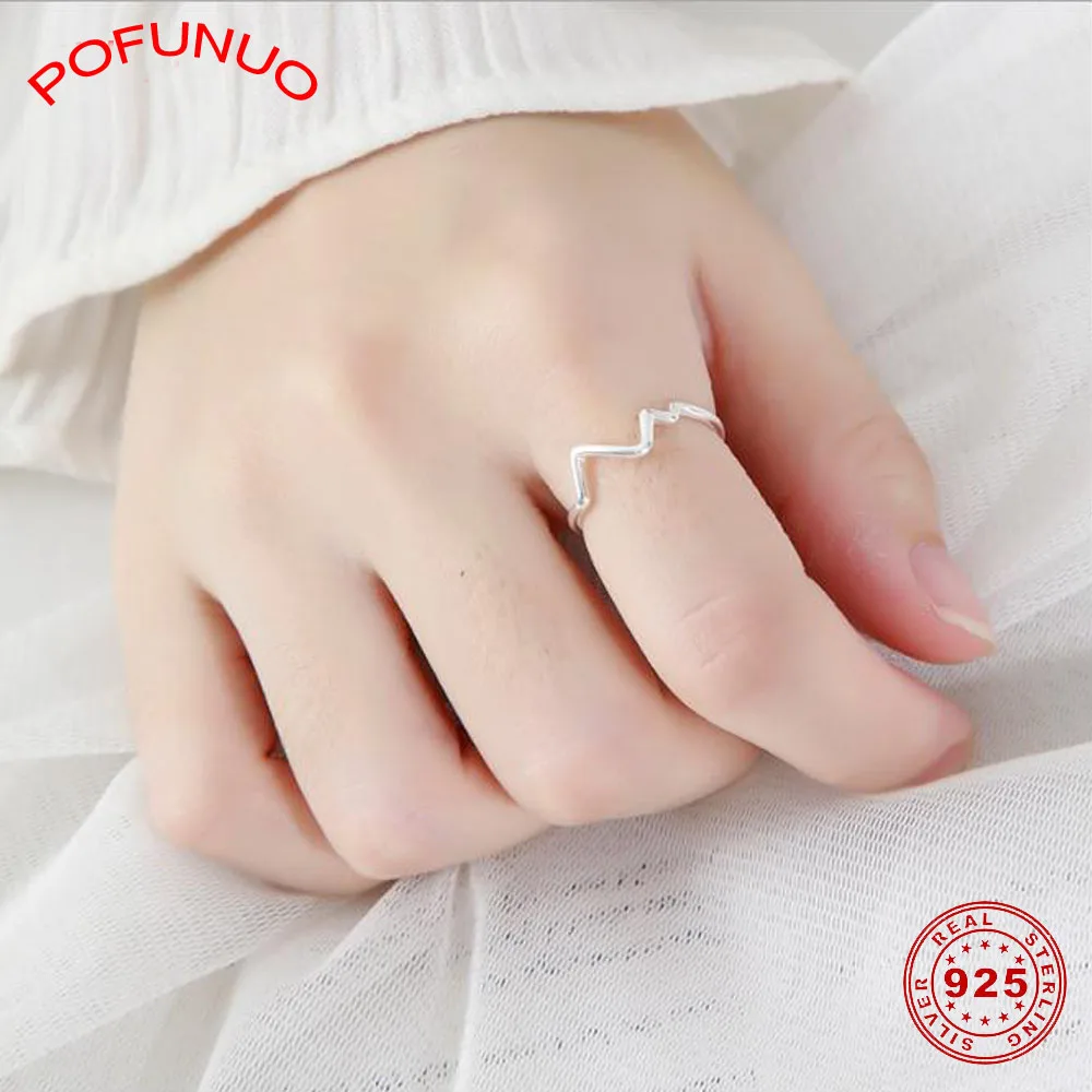 POFUNUO Элегантные 925 пробы серебряные кольца креативный электрокардиограмма дизайн открытые кольца с изменяемыми размерами подарок для влюбленных кольцо хорошее ювелирное изделие