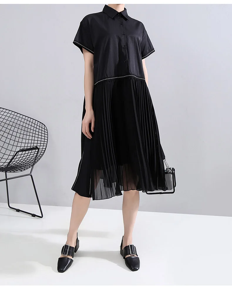 New Fashion Black Pleated Chiffon Hem Lapel Shirt Dress