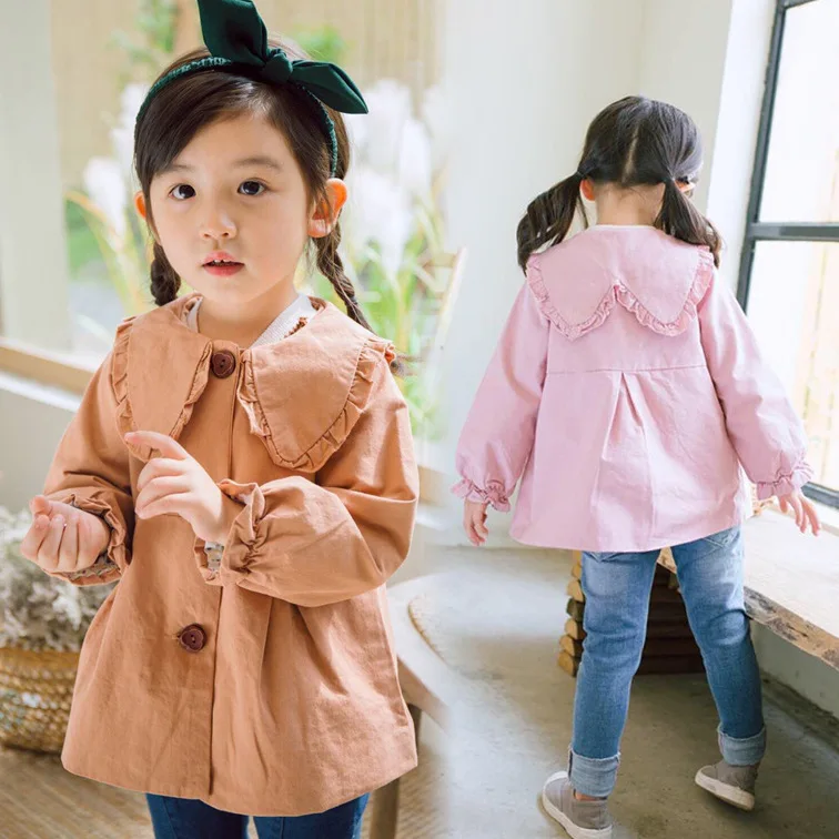 Тренч для малышей Модная Корейская куртка с лацканами для девочек, повседневная одежда для детей 2, 3, 4, 5, 6 лет, детская ветровка, верхняя одежда для девочек