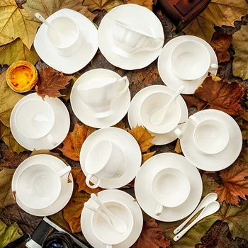 

Pure White Bone China Coffee Cup Ceramic Simple Nordic Latte Cups Creative Fancy Afternoon Tea Cafe Coffee Cup and Saucer Spoon
