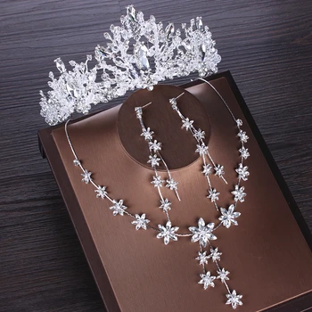 

Luxury Crystal Floral Bridal Jewelry Sets Cubic Zircon Crown Tiara Earring Choker Necklace Set Wedding African Beads Jewelry Set