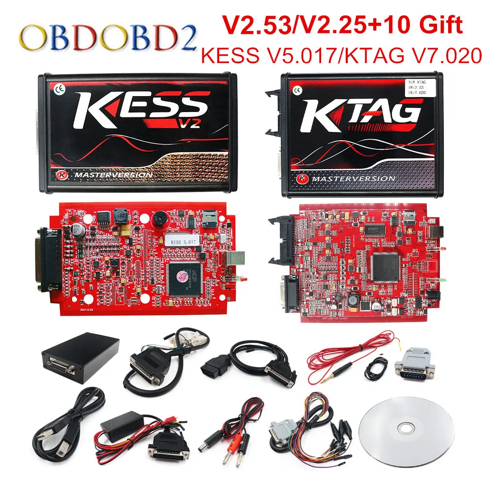 Comprar En línea V2.53 UE rojo KESS V5.017 OBD2 Gerente de KTAG V7.020 4 LED KESS V2 5.017 BDM marco K TAG V2.25 Auto ECU programador