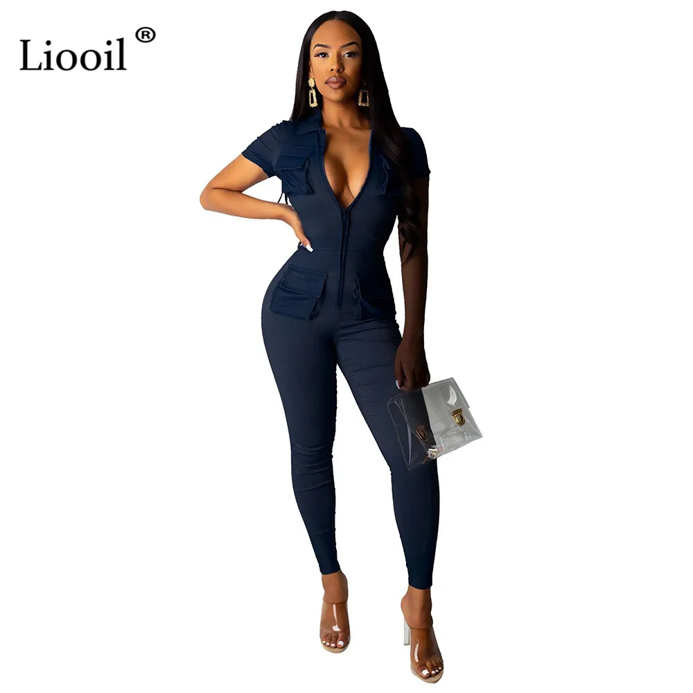 Liooil сексуальный облегающий цельные спортивные костюмы на молнии, наряд, короткий рукав, карман, высокие эластичные вечерние Клубные комбинезоны, женский комбинезон - Цвет: Темно-синий