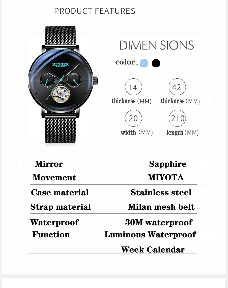 Швейцарские Бингер новые черные стальные часы мужские MIYOTA Move Мужские t автоматические механические часы Tourbillon водонепроницаемые сапфировые часы