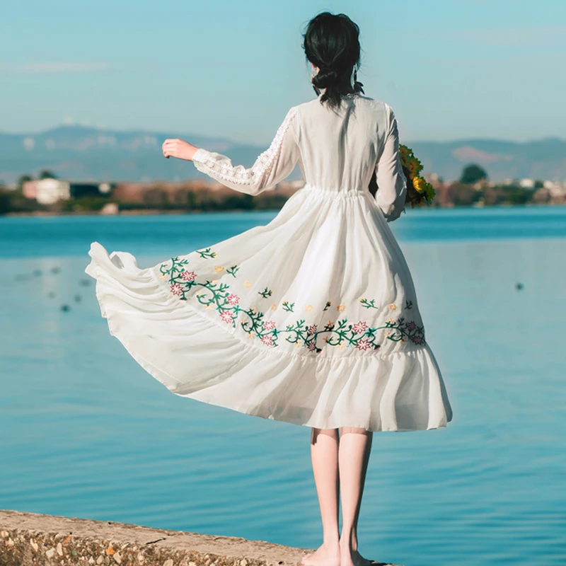 Летнее платье, женское повседневное пляжное шифоновое белое кружевное платье, винтажные вечерние платья с цветочной вышивкой, vestidos mujer