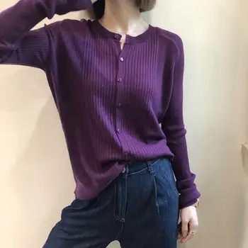 

Women Cardigan ladies korean style Knitting cardigans Sweater Single Breasted Sweater 2020 Autumn Winter New Purple Black Tops