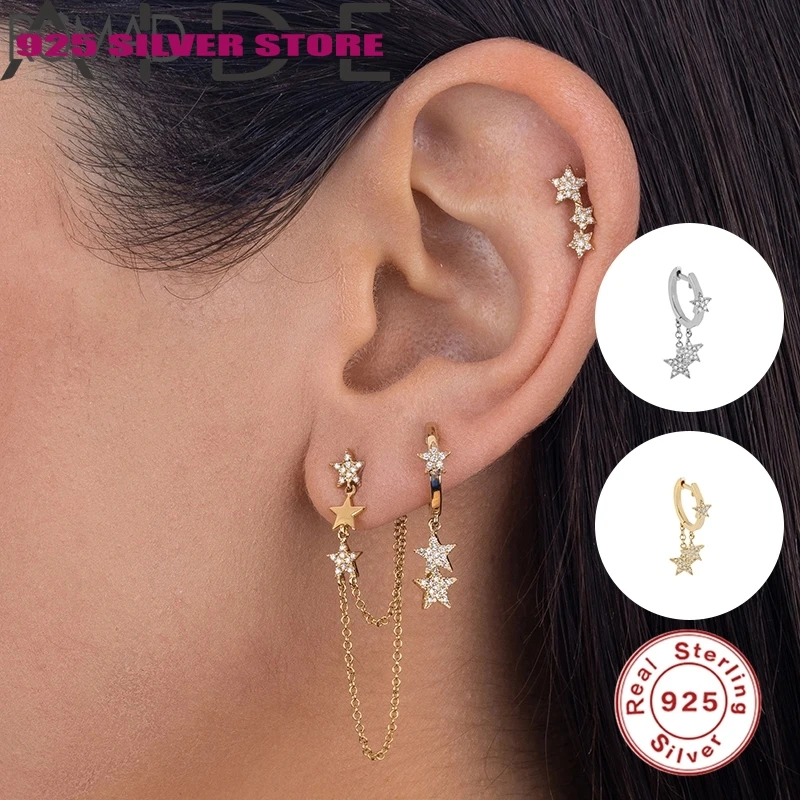 

1PC 925 Sterling Silver Hoop Earrings AAAAA Zircon Luxury Charm Star Earring For Women Girls Engagement Gifts pendientes 2020 W4