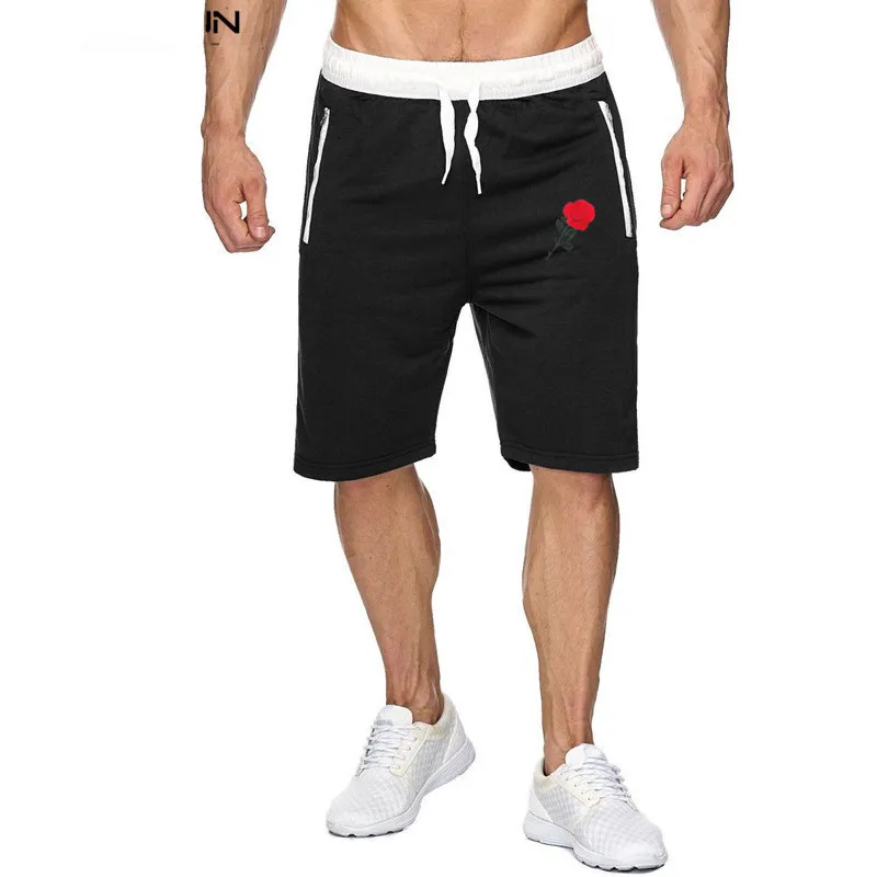 

Cotton Sweatpants Bottoms Rose printed New Men Fitness Bodybuilding Shorts Summer Casual Fashion Beach Short Pants Male Workout