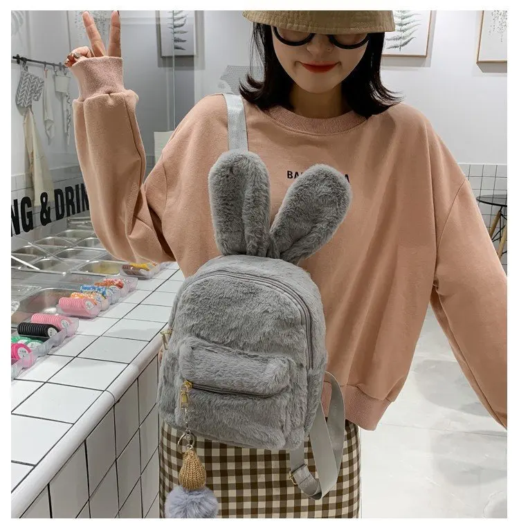 Custom Bear Faux Fur Mini Backpack Rabbit Ear Women Travel Shoulder Bags Fashion Plush Backpack Rucksack School Bag for Girls 