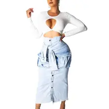 VAZN Новая женская летняя однобортная юбка с карманами, украшение спинки стула, индивидуальная длинная джинсовая юбка до щиколотки, OSM3273