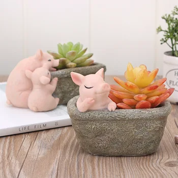 

Idyllic creative imitation stone piglet fleshy flower pot home balcony landscape decoration fleshy plant flower animal ornaments