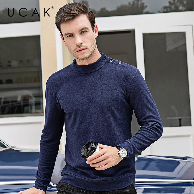 

UCAK Brand Men T-Shirts 2020 Spring New Arrival Tops Fashion Style Casual O-Neck Streetwear Solid Button Decorat Tees Male U1054