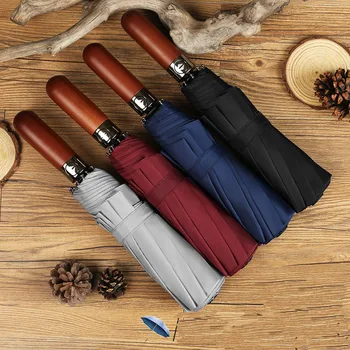 

Wooden Automatic Umbrella Business Men Women 10 Ribs Windproof Golf Umbrellas Rain Three Folding DOUBLE Layer Umbrella Top Brand
