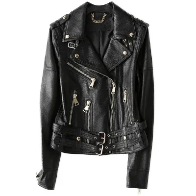 

real genuine sheep leather moter jacket short coat 2020 fashion with zipper belt button