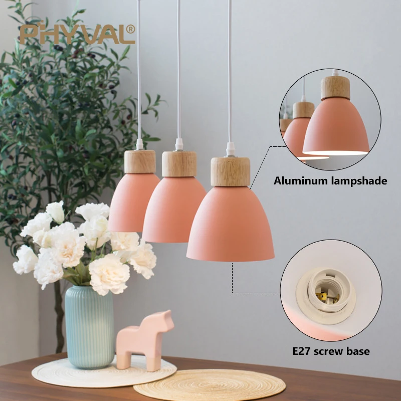 Pendant Lamps Chandelier Lighting 3 Heads Nordic Macaron E27 Creative Wooden Bedside Lights For Bedroom Study Cafe Bar Restaurant Decor