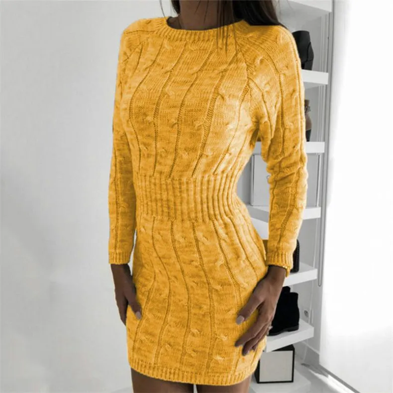 Forefair, сексуальное облегающее платье-свитер для женщин, новинка, осень, о-образный вырез, тонкая туника, мини, однотонное, желтое, белое, вязанное, зимнее платье