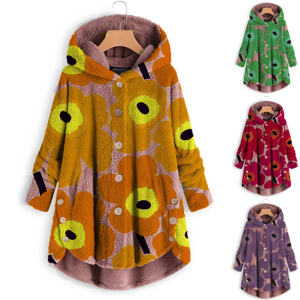 

Fashion Coat Women Fashion Button Coat Printing Fluffy Tops Pullover Loose Sweater Feminine Winter Overcoat #45