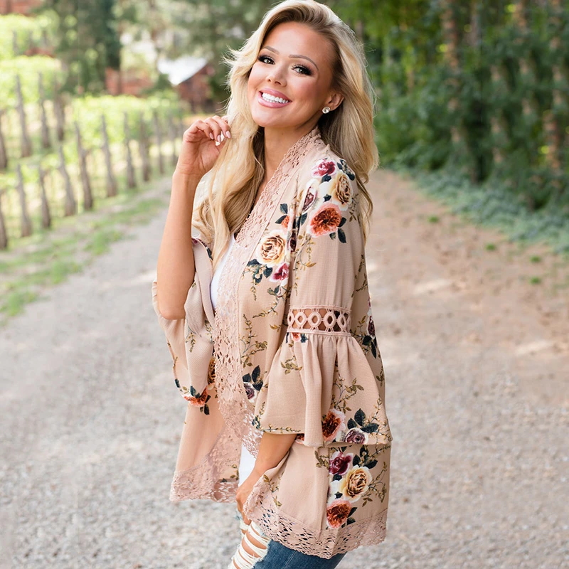 

Lyprerazy Summer Women's Blouse Plus Size Cardigan And Blouse Blusas Floral Print Lace Hollow out Surplice Peplum Tops