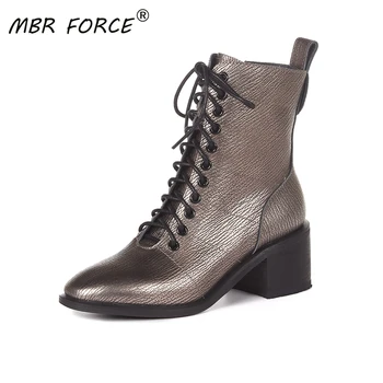 

MBR FORCE Spring Autumn Cowhide Retro Fashion Ankle Boots high heels elegant Women Ladies Shoes Woman cool casual travel gray