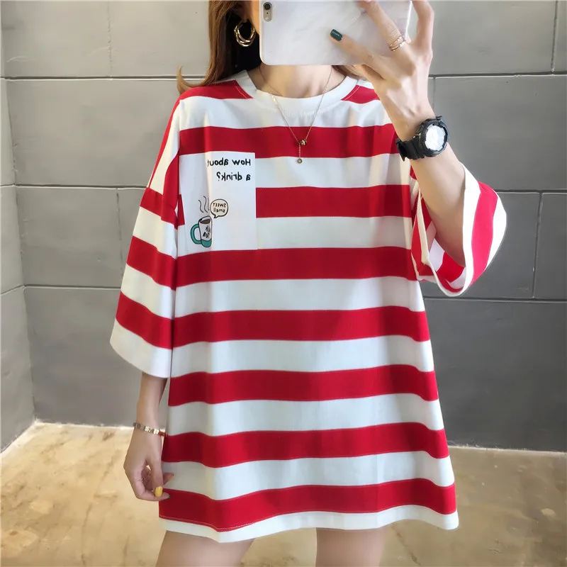Summer Boyfriendy Loos Rainbow Striped T-shirts Women Plus Size Streetwear Harajuku Oversized T Shirt Casual Femme Tops Tees