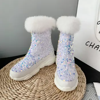 

Winter Warm Plush Women Snow Boots Fashion Bling Ladies Ankle Boots Platform Flat with Women Short Warm Shoes Black Silver White
