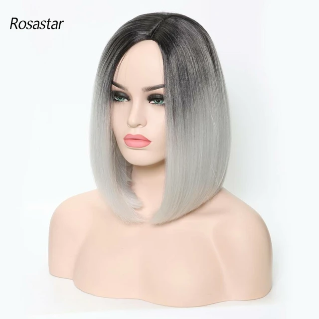 Synthetic Short Ombre Dark Root to Wine Red  Straight 13.5Inch Bob Hair Wig for Women Natural Looking Daily Use or Cosplay Wig Black to  Platinum