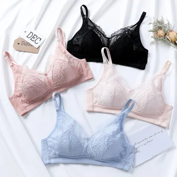 

New Style Crystal Cup Rabbit Eared Breathable Hole Lace Underwear Women's Thin Push up Non-Steel Ring Breast Hugging Bra