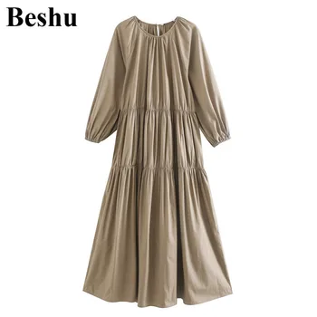 

za 2020 fashion long dress women O-neck draped loose poplin solid color dress female long sleeve vintage elegant simple mujer