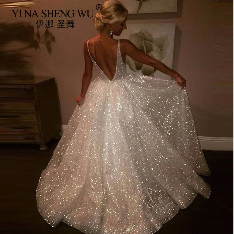Sexy Deep V-neck Backless Tulle Banquet Party Dress New Floor-length Evening Gown Women Elegant Fashion Sequins Big Swing Dress