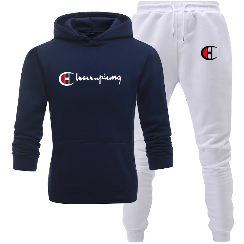 Navy blue white Спортивный костюм, мужской спортивный флисовый плотный брендовый костюм с капюшоном, повседневный спортивный костюм, мужская куртка+ штаны, теплая зимняя толстовка с мехом внутри - Цвет: Navy blue white