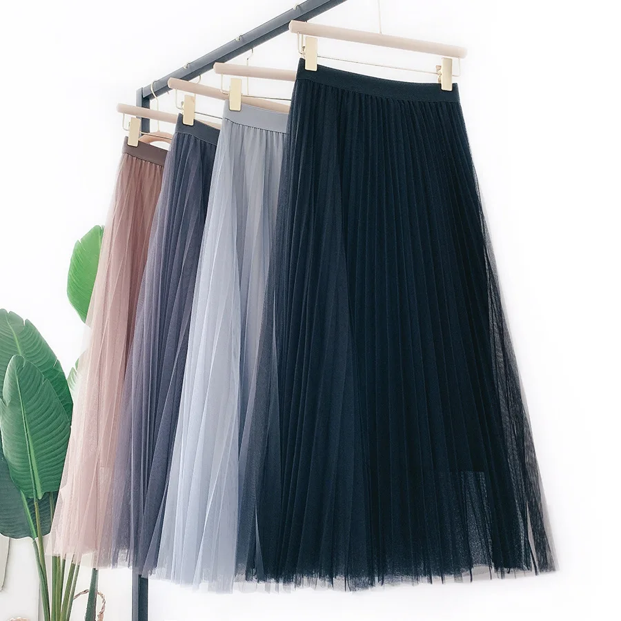 

Girl Sweet All-match Mesh Skirt Double-layer & Lining Classic Pleated Skirt High Waist A-line Skirt Solid Puff Skirt Long Skirt